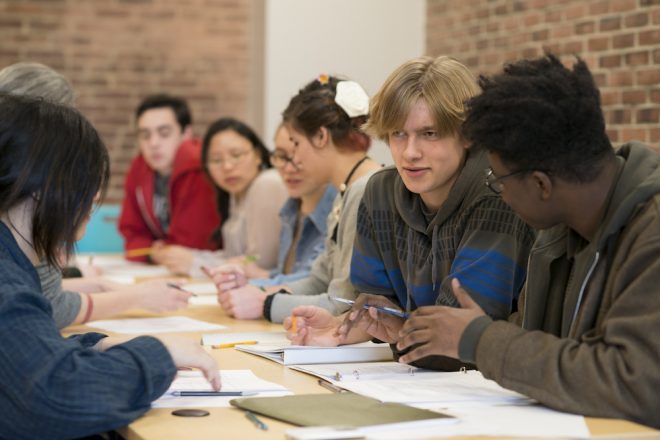 Photograph of Baltimore School for the Arts students discussing topics in class