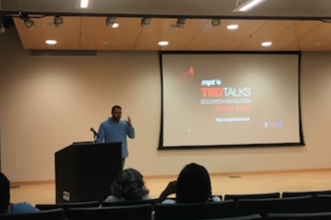 Photograph of Baltimore School for the Arts Assistant Principle giving a TED Talk