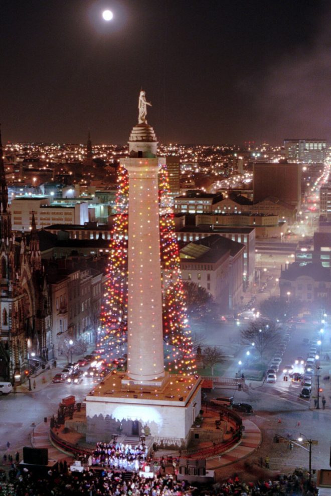 Photograph of the Baltimore Washington Monument Lighting during the holidays